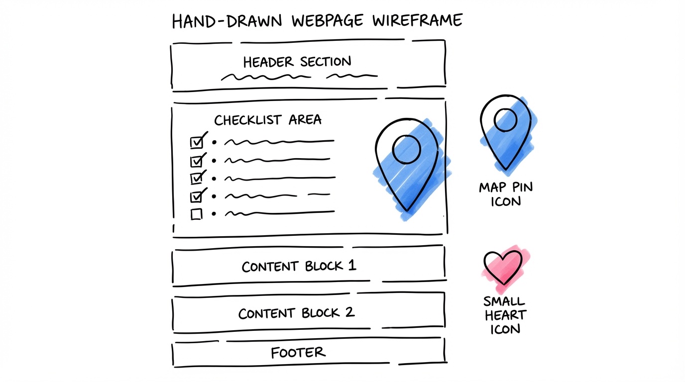 Wireframe av en bröllopshemsida med checklista, karta och hjärta — innehållsstruktur