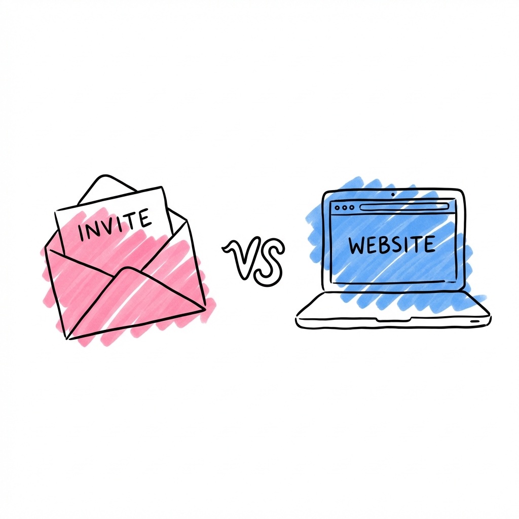 Kuvert bredvid laptop — jämförelse mellan inbjudan och bröllopshemsida