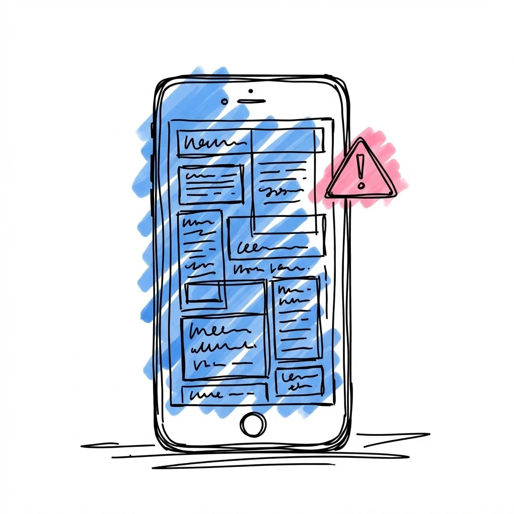 Smartphone med trasig webbsida och varningstecken — vanliga misstag bröllopshemsida