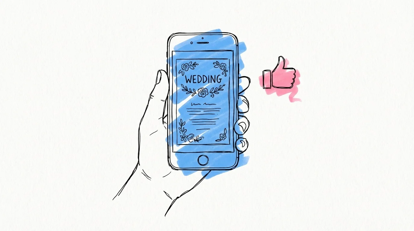 Smartphone som visar en snygg bröllopshemsida med tumme upp — tips