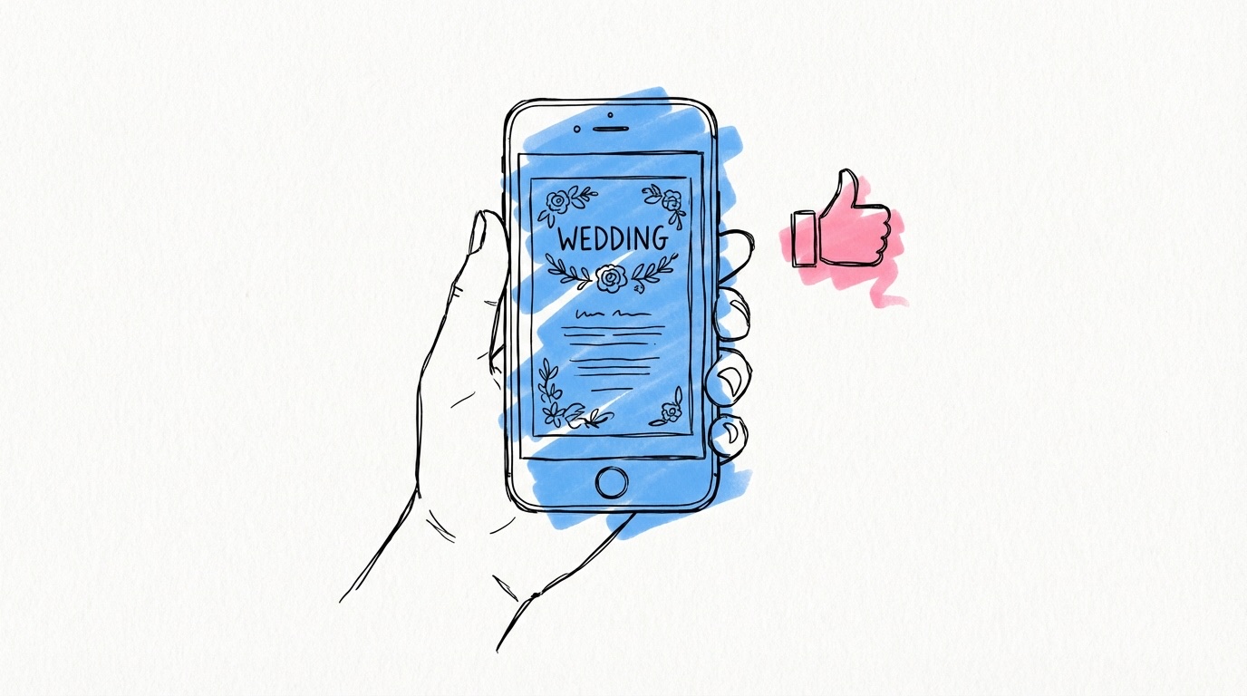 Smartphone som visar en snygg bröllopshemsida med tumme upp — tips