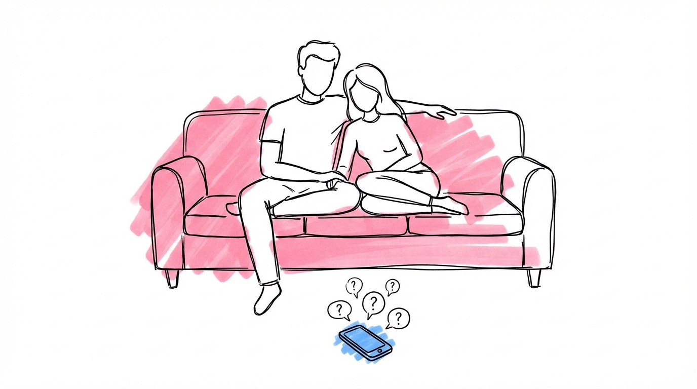 Par som slappar i soffan medan gäster hittar svar på telefonen — bröllopshemsida