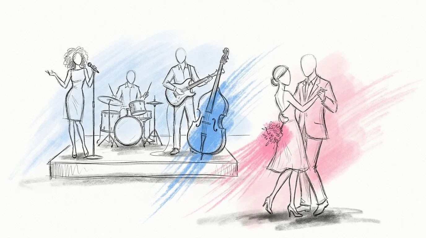 Bröllopsband 2026 — livemusiker med sångare och trummor i Lovios rosa och blå stil