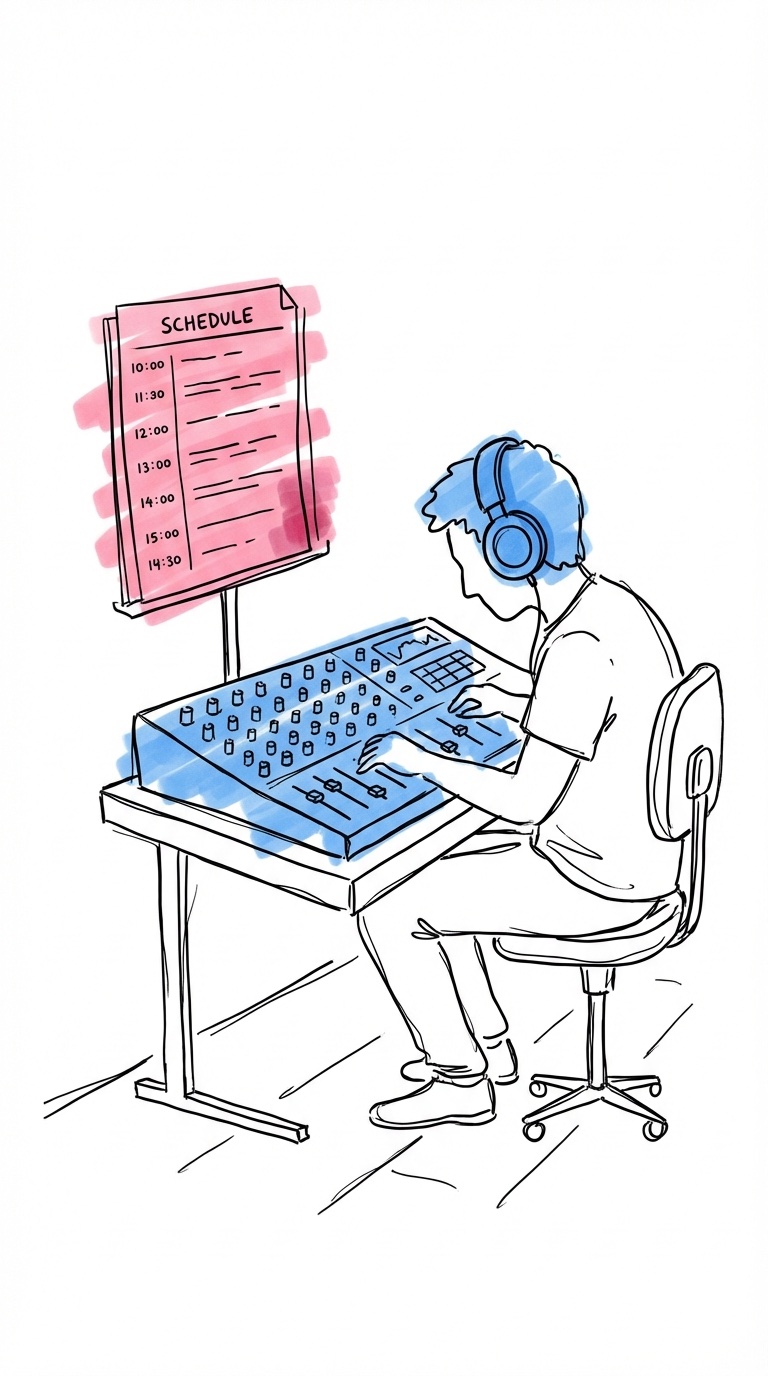 Soundcheck med ljudtekniker och tidslinje före bröllopsfest