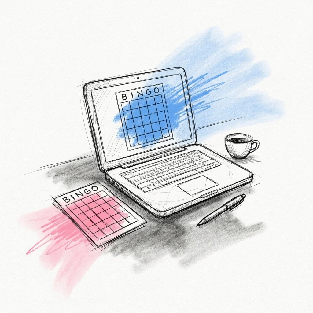 Laptop med ett bingobrickeutkast på skärmen och en utskriven bingobricka bredvid på skrivbordet i Lovios rosa och blå illustrationsstil