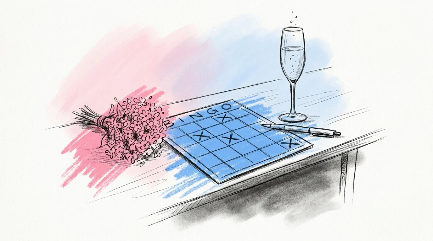 Bröllopsbingo-bricka i 5×5 format på ett bröllopsbord med champagneglas, liten bukett blommor och en penna som vilar diagonalt över brickan i Lovios rosa och blå illustrationsstil