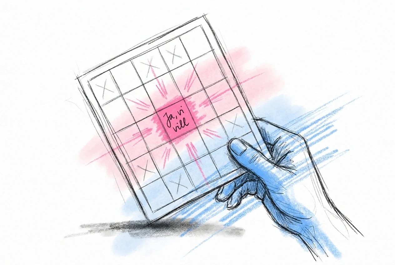 Närbild på en bingobricka i 5×5 format hållen i en hand med mittenrutan tydligt synlig i Lovios rosa och blå illustrationsstil