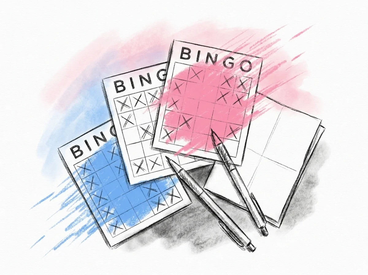 Flera olika bingobrickor utlagda på ett bord med olika rutor avprickade i Lovios rosa och blå illustrationsstil