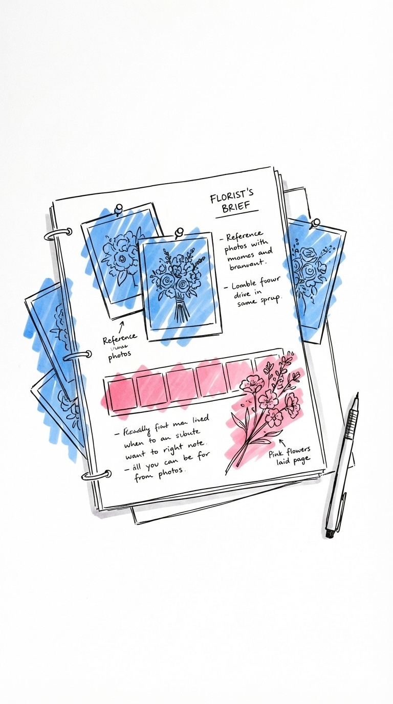 Vertikal komposition av en florist-brief på ett skrivbord — papper med fastnålade referensfoton, en färgremsa, handskrivna anteckningar och en liten blomstergren lagd ovanpå, i Lovios rosa och blå illustrationsstil