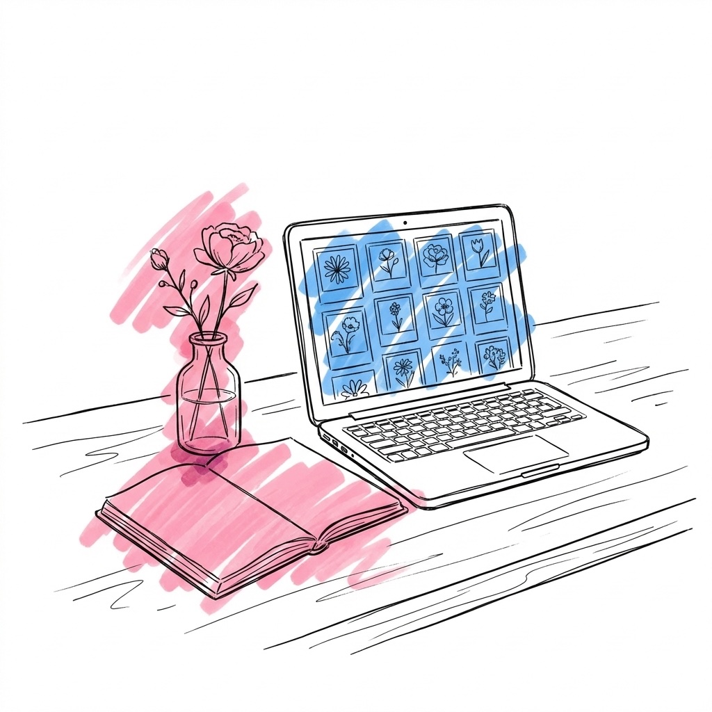 Laptopskärm öppen till en moodboard-grid med blomsterreferenser, en liten vas med en enda stjälk bredvid och en anteckningsbok under, i Lovios rosa och blå illustrationsstil