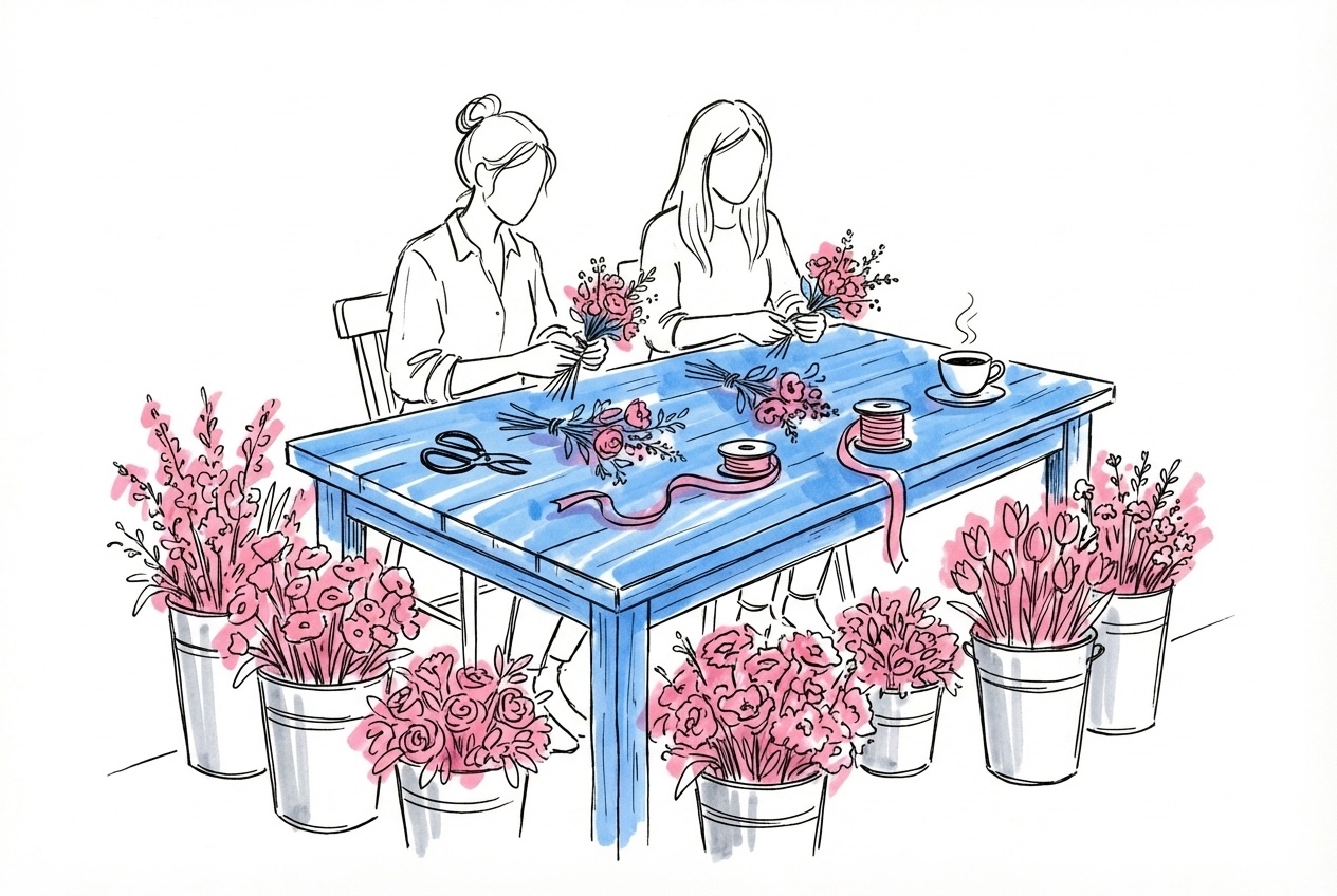 Två personer vid ett köksbord binder små bordsarrangemang kvällen före bröllopet — hinkar med blommor på golvet, sekateurer, band och en kaffekopp, varm arbetande atmosfär, i Lovios rosa och blå illustrationsstil