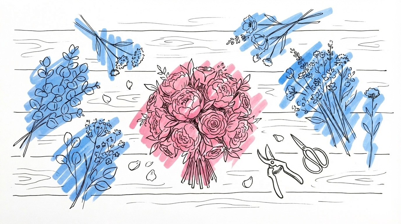 Florists arbetsbord med bred uppläggning av bröllopsblommor — en yppig brudbukett i centrum omgiven av lösa stjälkar, eukalyptus och pioner, i Lovios rosa och blå illustrationsstil