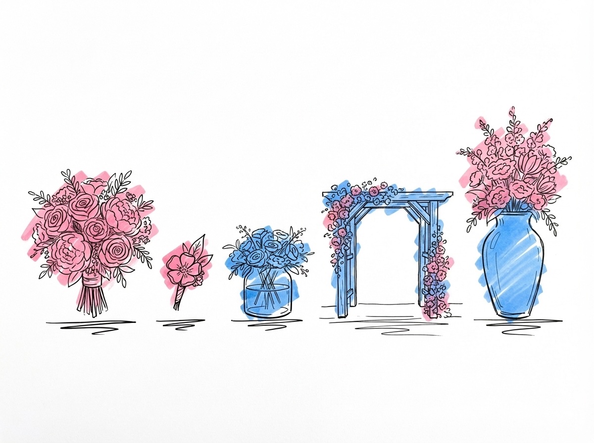 Fem distinkta blomsteritem uppställda på en yta — en brudbukett, en boutonnière, ett litet bordsarrangemang, en skiss av en ceremonibåge och ett välkomstarrangemang i vas, i Lovios rosa och blå illustrationsstil