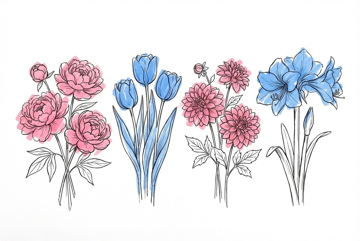 Rad av bröllopsblommor arrangerade som en tidslinje — pioner, dahlior, tulpaner och amaryllis står upprätta som markeringar för månader, i Lovios rosa och blå illustrationsstil