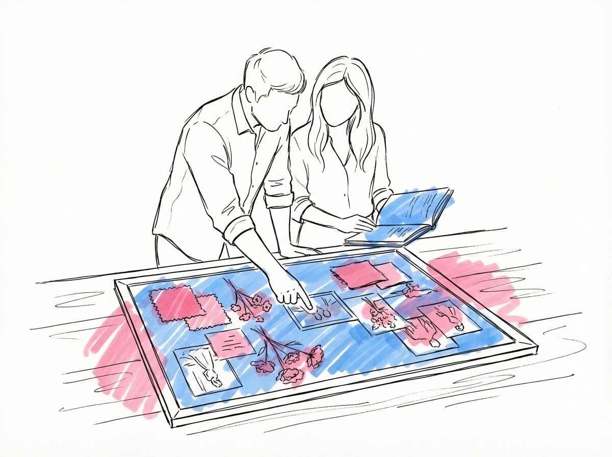 Par som lutar sig över en moodboard med tygprover, blomsterklipp och referensfoton, en pekar på en detalj och den andra håller en anteckningsbok, i Lovios rosa och blå illustrationsstil