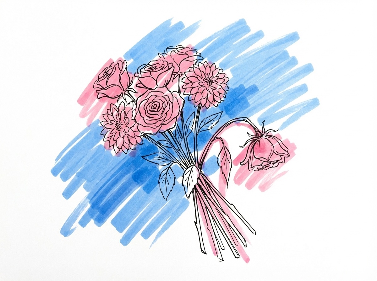 En bukett utomhus i starkt sommarsol hålls i vinkel — några kraftiga blommor står upp medan en hänger, vilket antyder värmen, i Lovios rosa och blå illustrationsstil