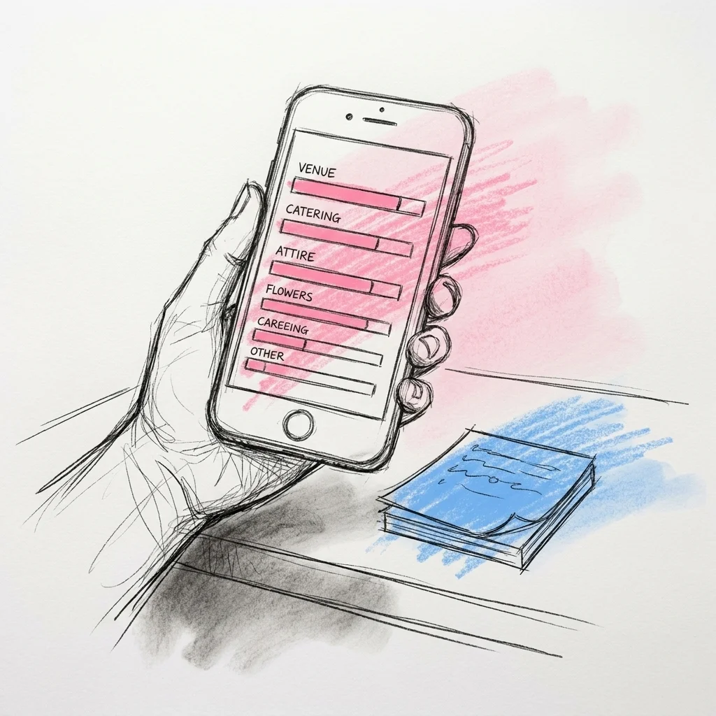 Telefon som visar Lovios budgetdashboard med kategorier och förloppsstaplar, hållen vid ett bord med planeringsanteckningar
