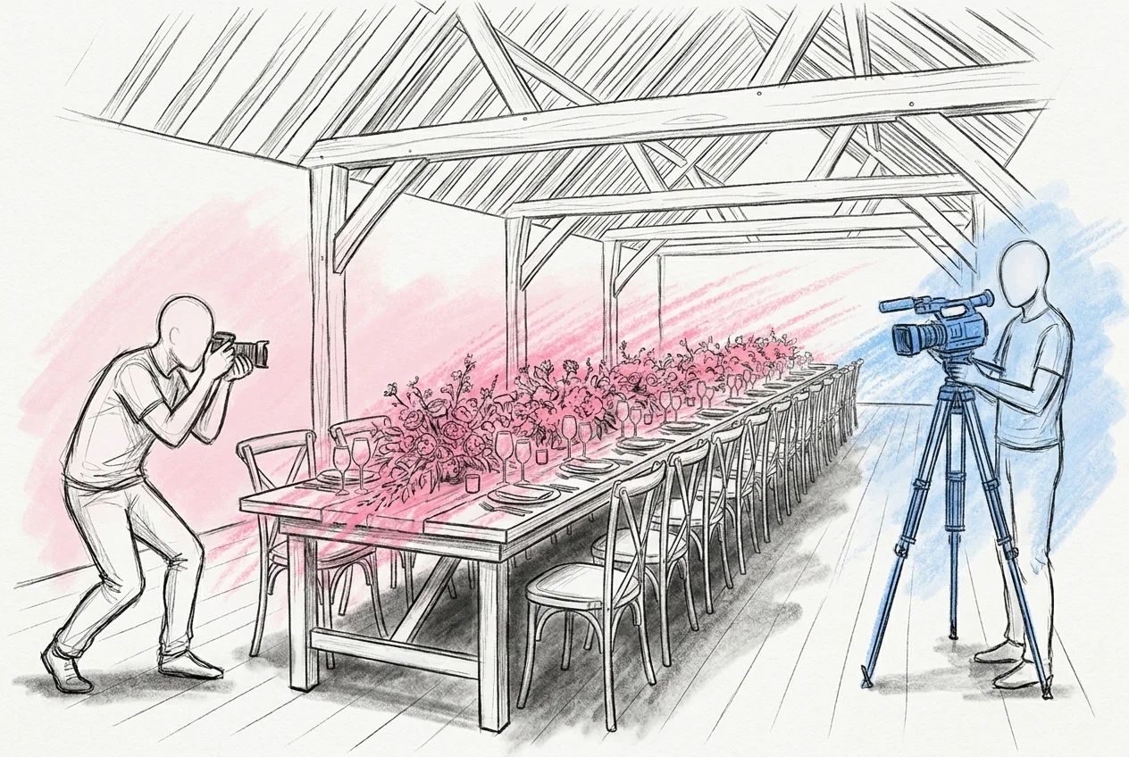 Festligt dukat långbord för bröllopsmiddag i lada eller herrgård, med fotograf och videograf som fångar stämningen