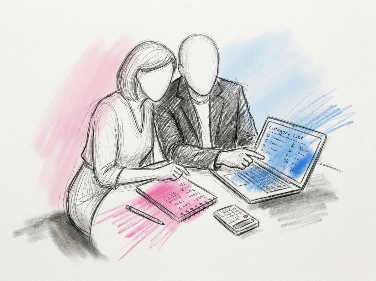 Par som granskar en budgetplan med kategorier, kalkylator och laptop