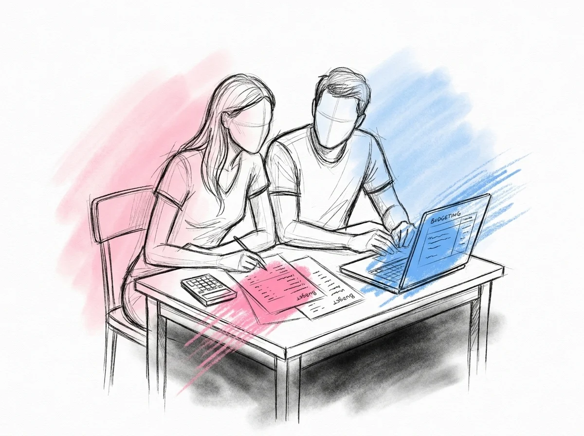 Par som granskar en budgetplanerare med kategorier, kalkylator och laptop