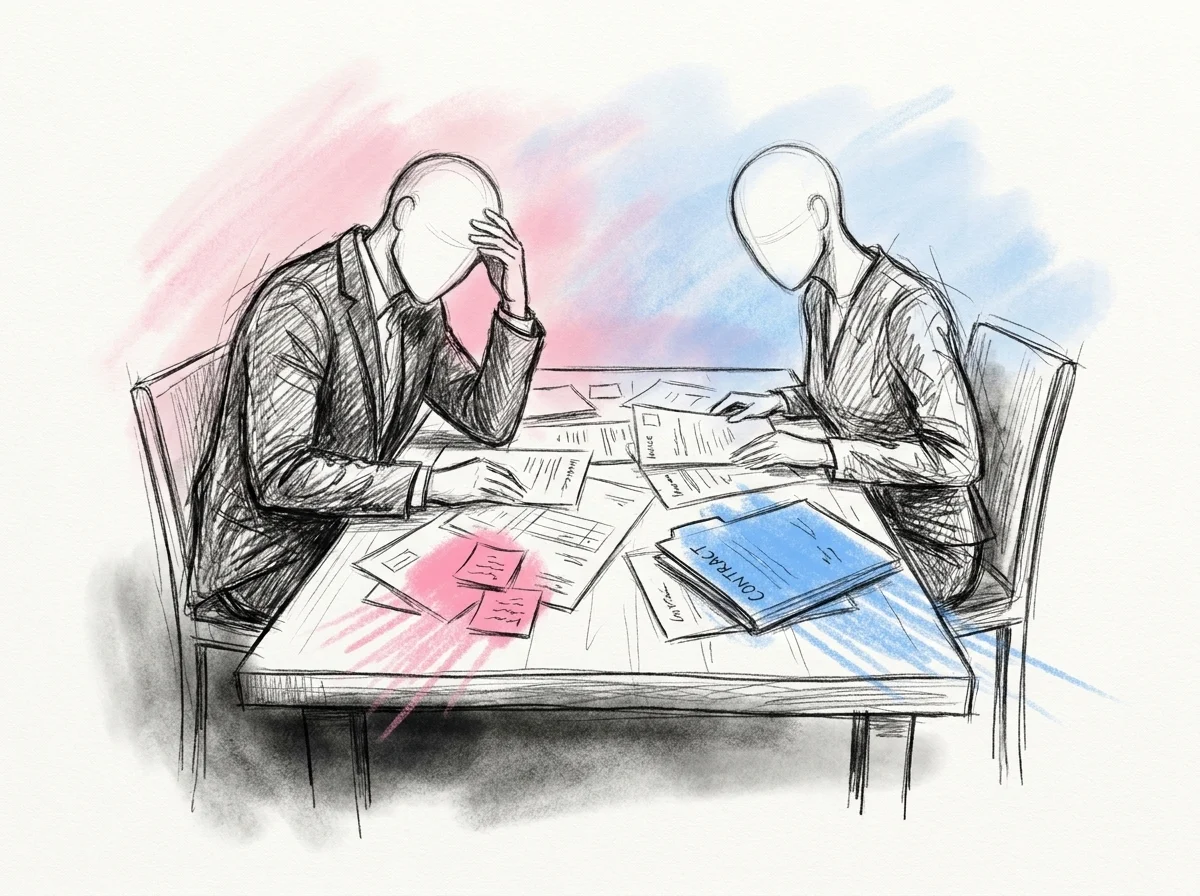 Par omgivet av leverantörskontrakt, fakturor och lappar vid ett bord