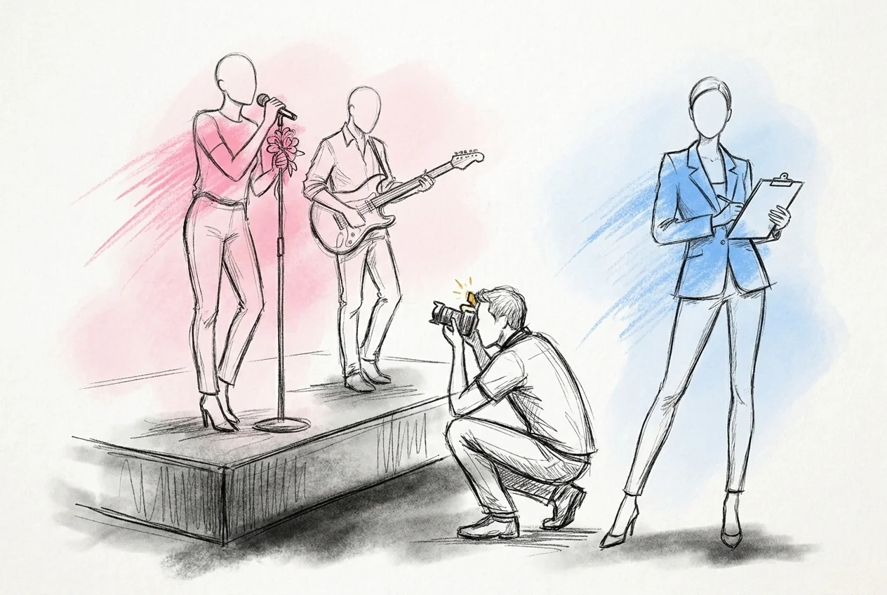 Liveband spelar på scen med fotograf och wedding planner i bakgrunden