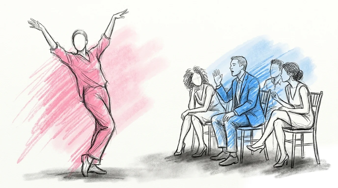 En person mitt i en stor mimgest framför en liten sittande grupp bröllopsgäster som lutar sig fram för att gissa, en av gästerna med handen halvvägs uppe som om hen är på väg att ropa ut ett svar