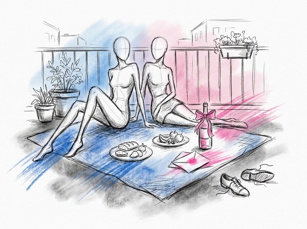 En mysig picknick på en balkong med en filt, två tallrikar enkel mat, en sparad flaska med band, ett brev på filten och ett par bortslängda skor, i Lovios rosa och blå illustrationsstil
