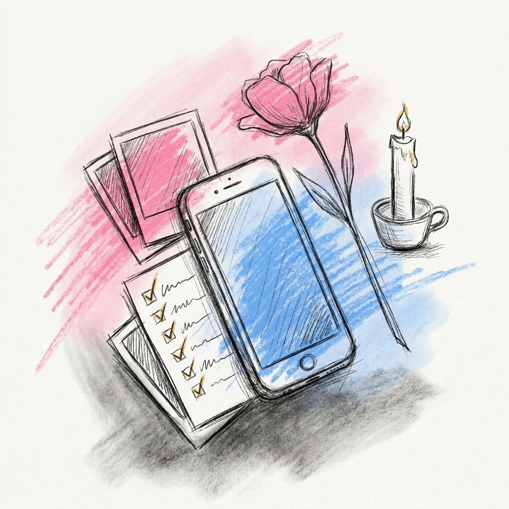 En mobil lutad mot en liten hög med bilder och en checklista med några bockar, bredvid en enda blomma och ett ljus, i Lovios rosa och blå illustrationsstil