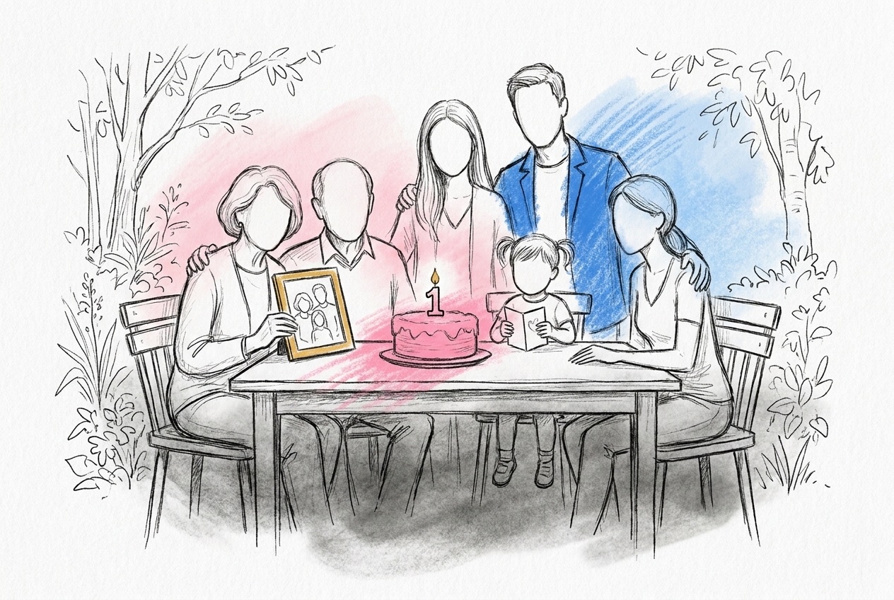 En familj i flera generationer runt ett trädgårdsbord: morföräldrar som håller en inramad bild, vuxna barn och ett litet barn med ett kort, och en tårta med sifferljus, i Lovios rosa och blå illustrationsstil