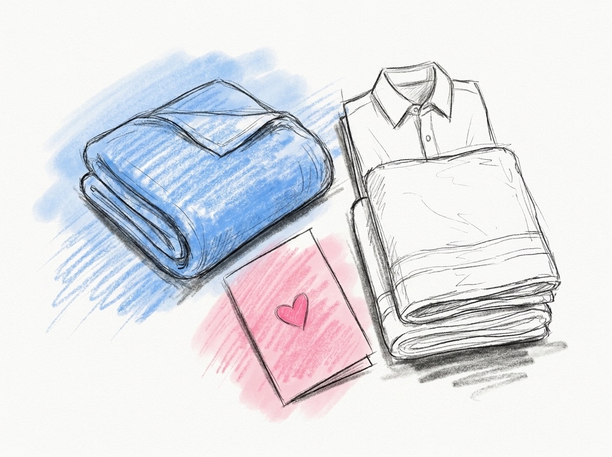 En flat lay med en vikt bomullsfilt, en vit skjorta, två stora handdukar och ett handskrivet kort med ett litet hjärta överst, i Lovios rosa och blå illustrationsstil