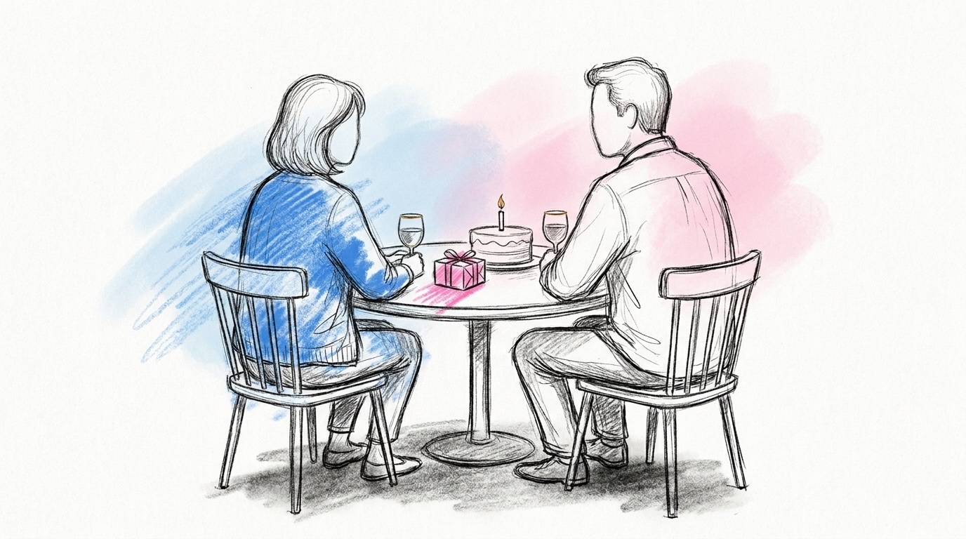 Bröllopsdagar present: ett par sedda bakifrån vid ett litet köksbord en kväll med två glas, ett litet inslaget paket och en enkel tårta med ett ljus, i Lovios rosa och blå illustrationsstil
