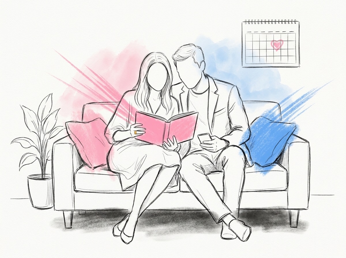 Ett par i en soffa som tittar på en mobil och en fotobok tillsammans, med en liten väggkalender där ett datum är ringat in med ett hjärta, i Lovios rosa och blå illustrationsstil