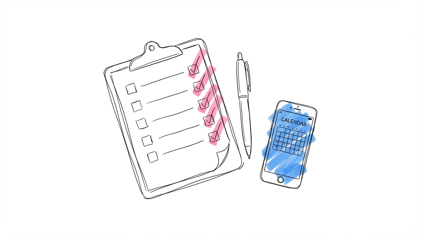 Clipboard med checklistepunkter, penna och en telefon med kalenderapp