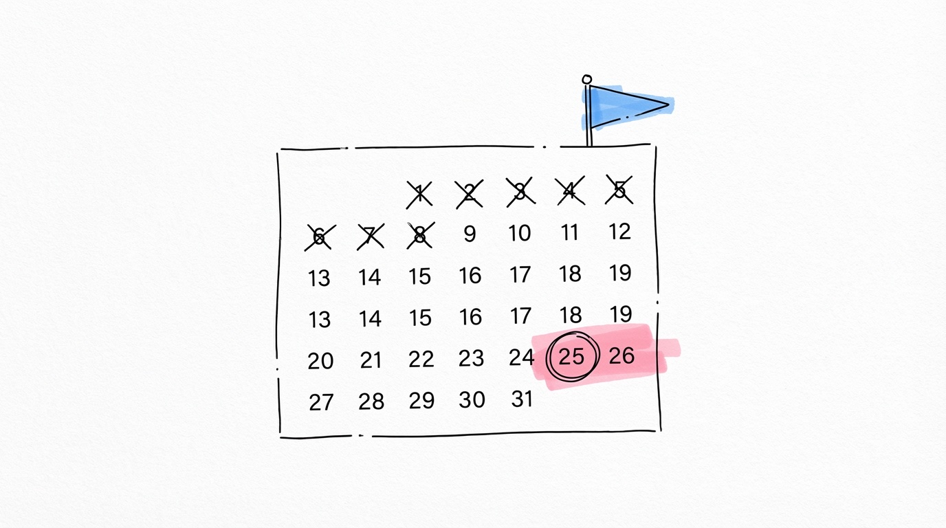 Kalender med kryss på storhelger och ett datum inringat — röda dagar och bröllopsplanering