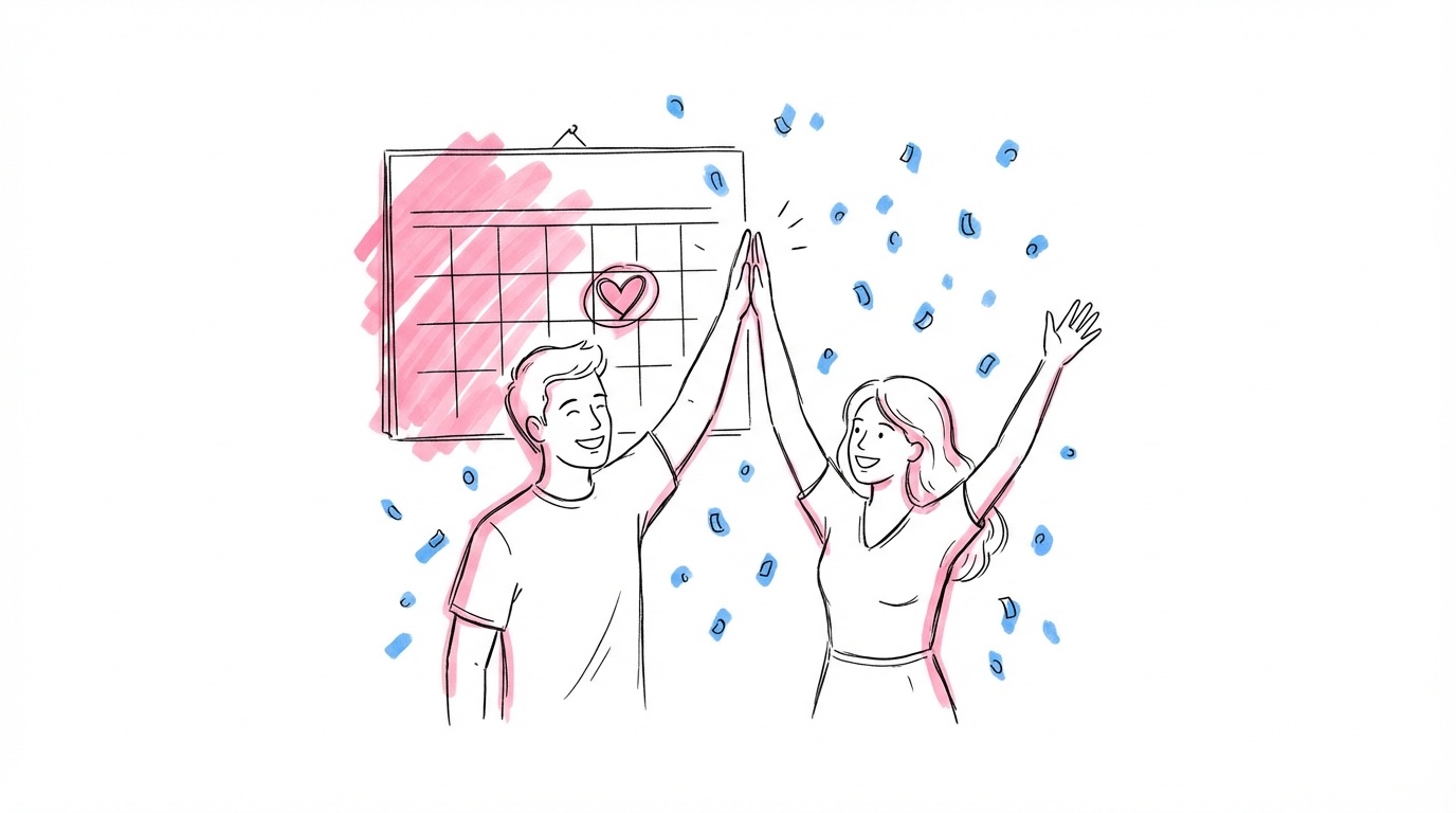 Par som står tillsammans och pekar på ett datum i en stor väggkalender — planerar bröllopsdatum