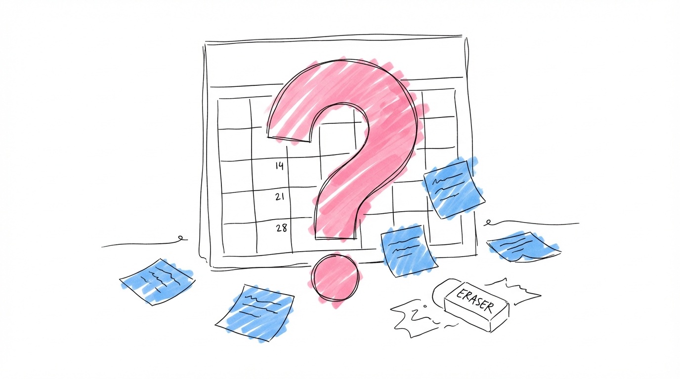 Kalender med frågetecken och utspridda anteckningslappar — vanliga misstag vid val av bröllopsdatum