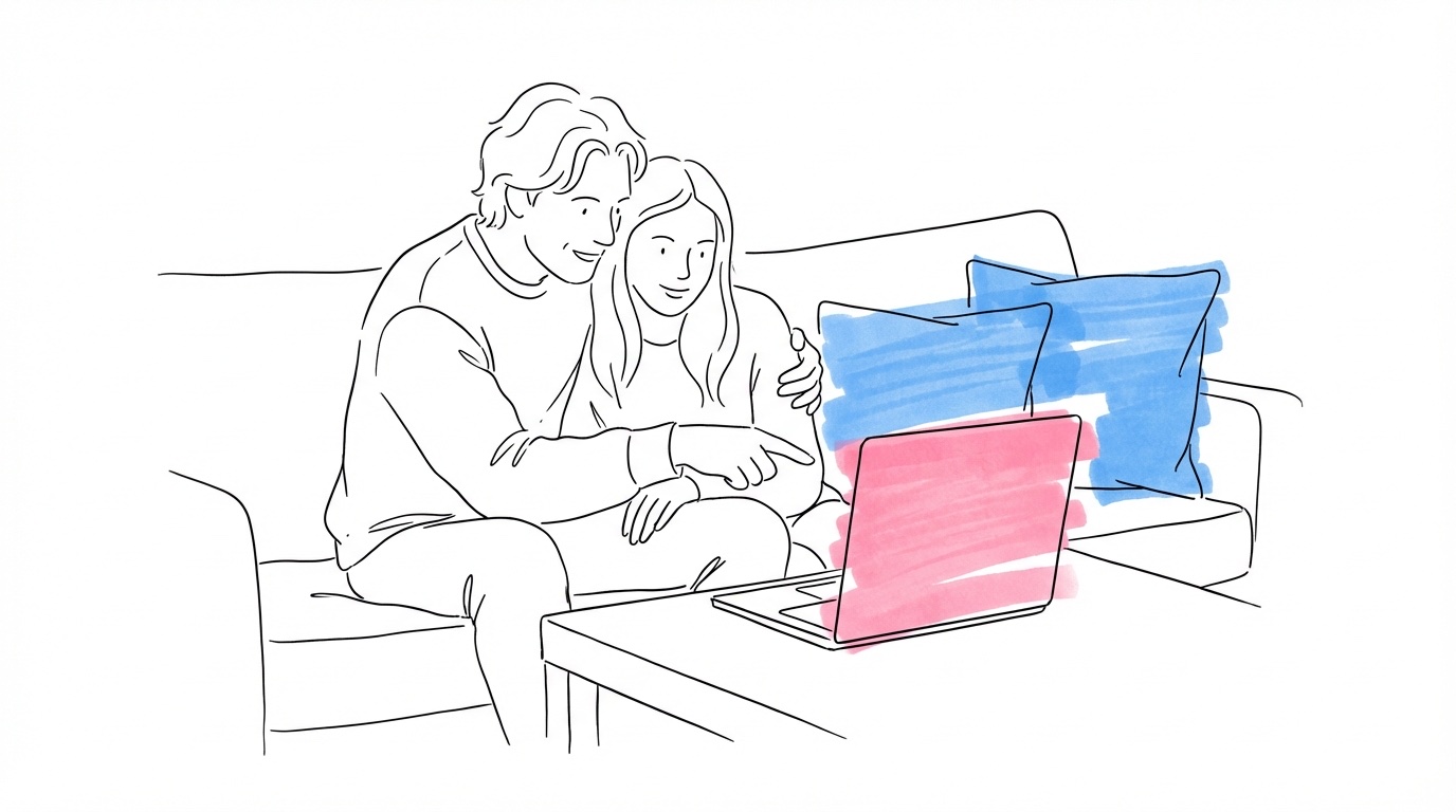 Par i en soffa med bärbar dator — planerar bröllopsdatum tillsammans