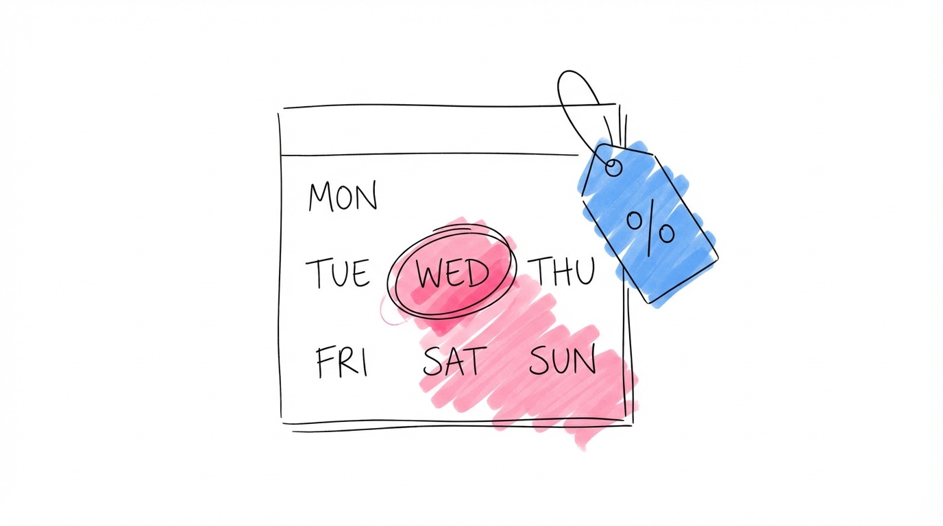 Veckokalender med en dag inringad och en prislapp bredvid — veckodagsval för bröllop