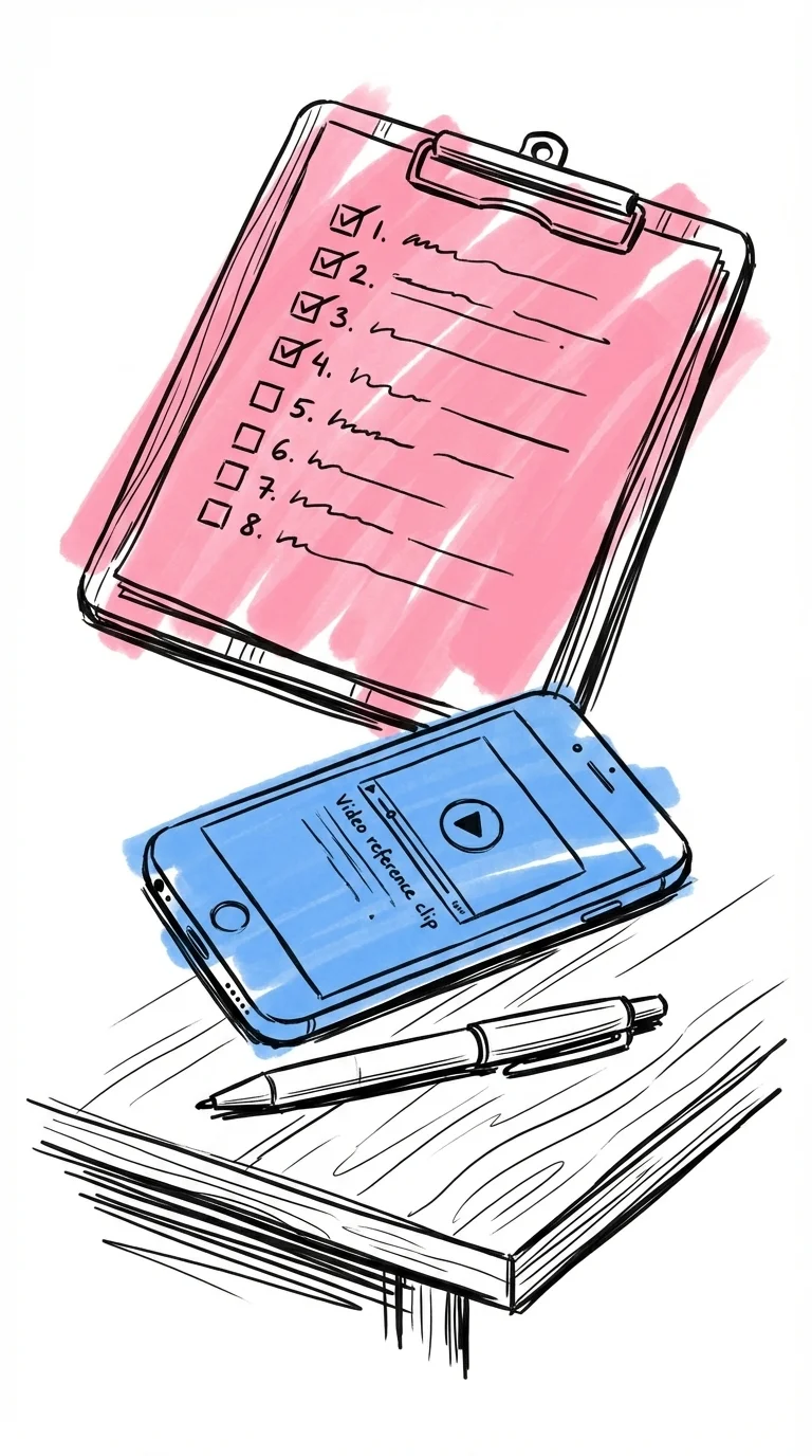 Clipboard med numrerad checklista, mobil med Vimeo-referens och penna