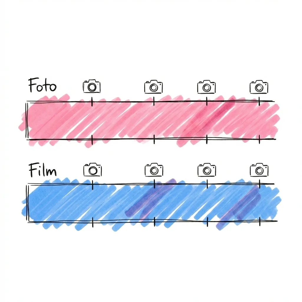 Tidslinje med två parallella spår — Foto och Film — med kameraikoner vid gemensamma moment