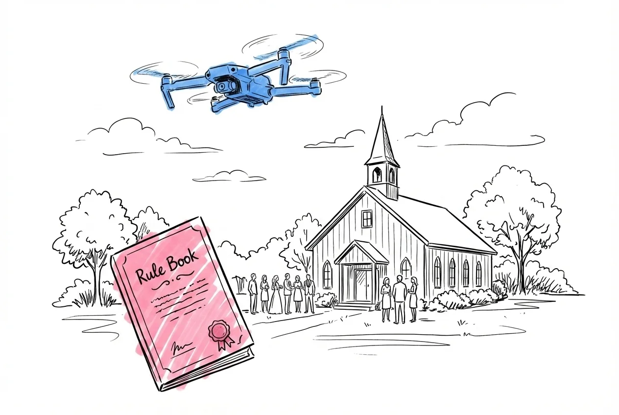 Drönare svävar över en bröllopsceremoni med gäster nedanför