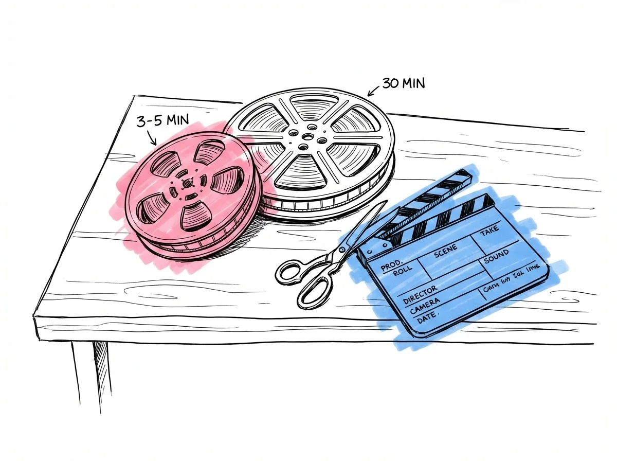 Två filmrullar sida vid sida — en kort highlight och en lång dokumentär