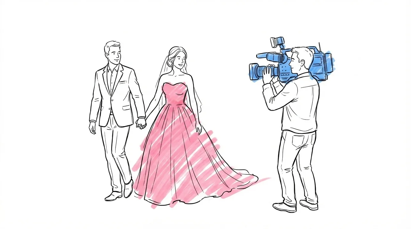 Videograf filmar ett brudpar som går hand i hand på bröllopet