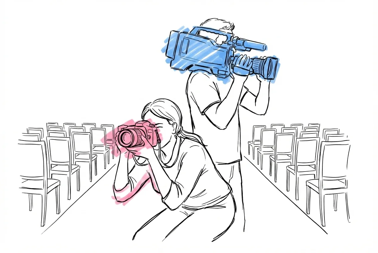 Fotograf och videograf positionerade vid ceremonin — en längst fram, en längst bak