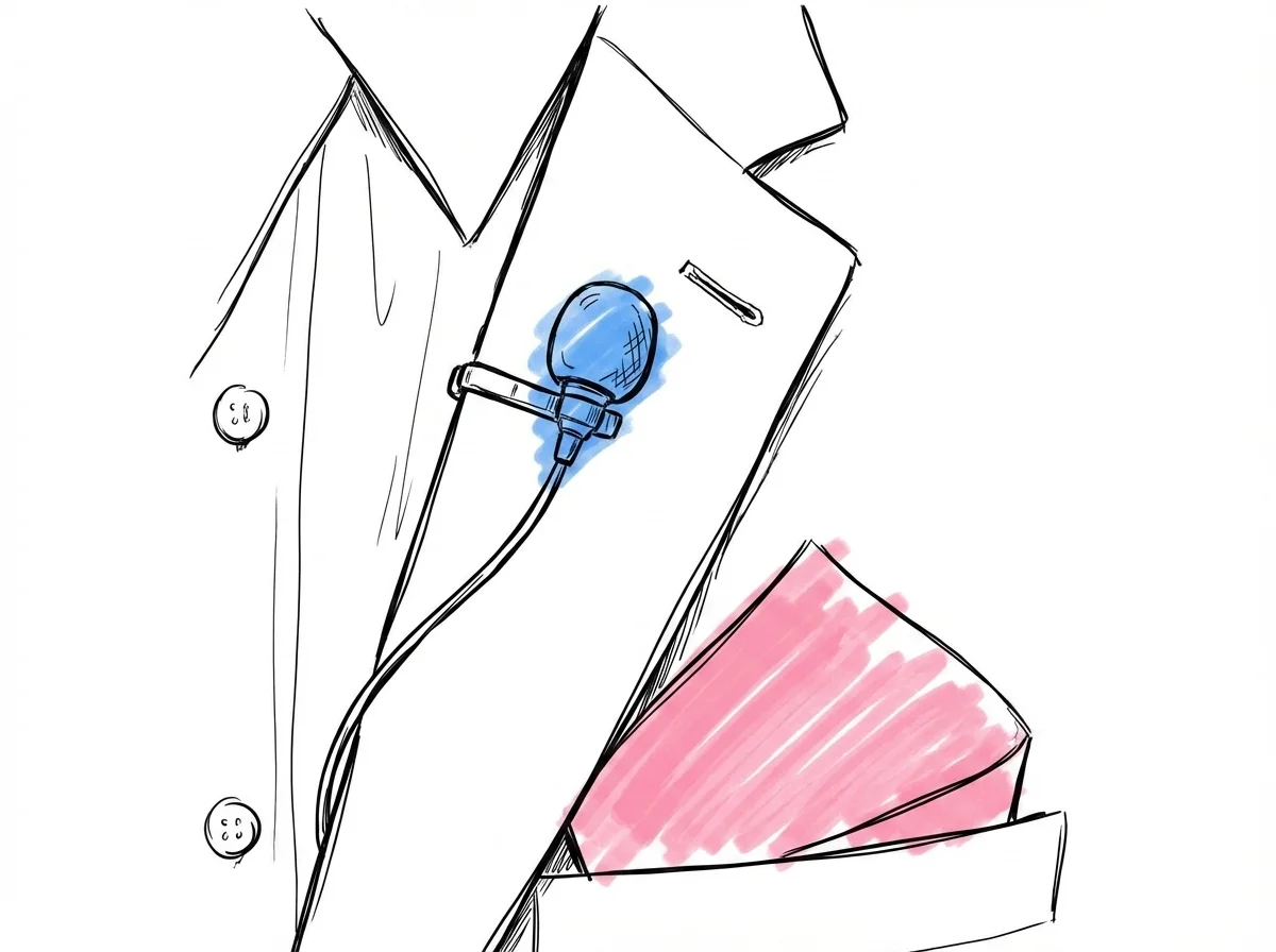 Närbild på liten myggmikrofon fastklämd på en kostymslag