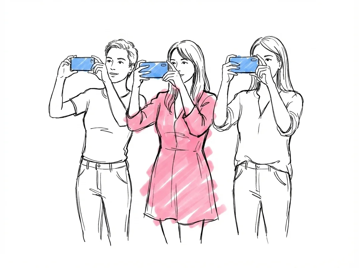 Tre bröllopsgäster håller upp mobiler och filmar brudparet