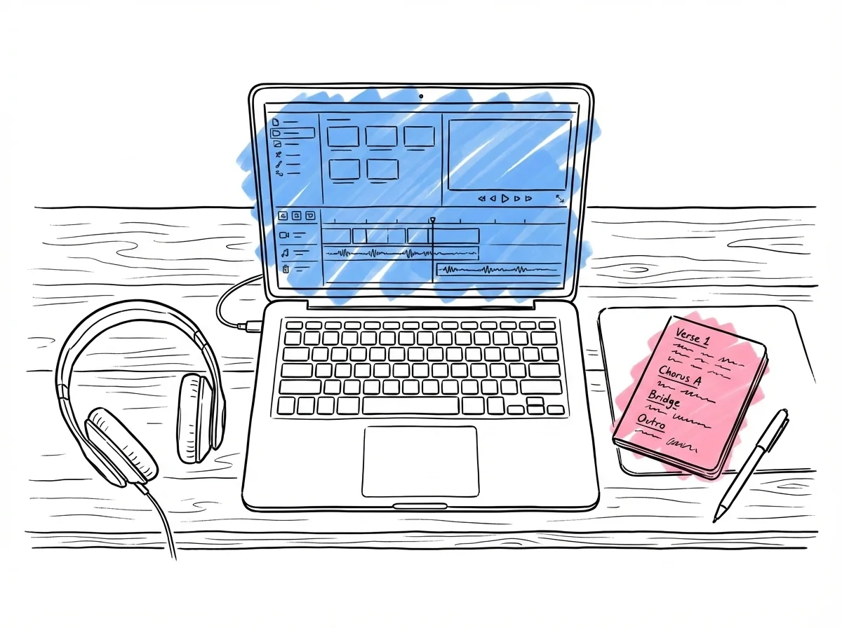 Laptop med videoredigeringsgränssnitt och vågformer bredvid anteckningsbok med låttitlar