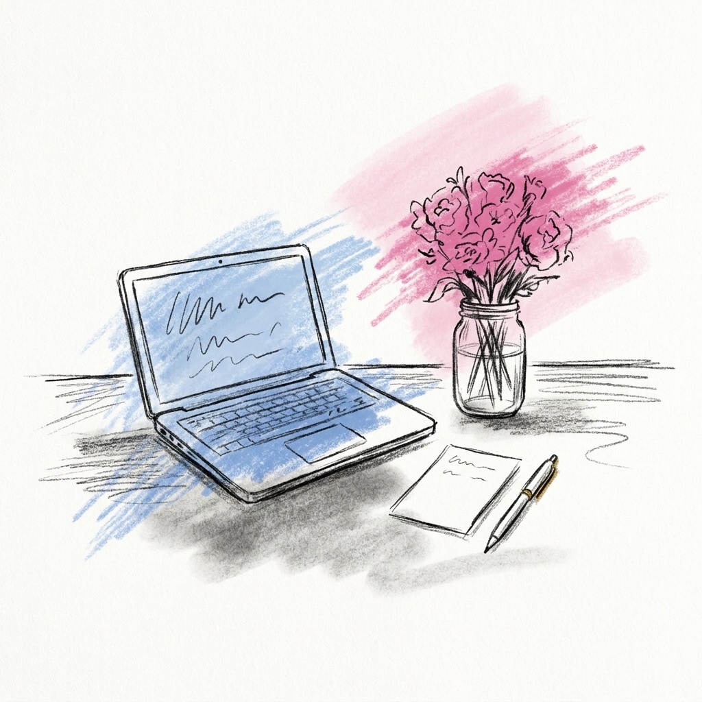 Öppen bärbar dator med ett dokument, ett handskrivet kort och en penna bredvid en liten bukett i en glasburk, i Lovios rosa och blå illustrationsstil