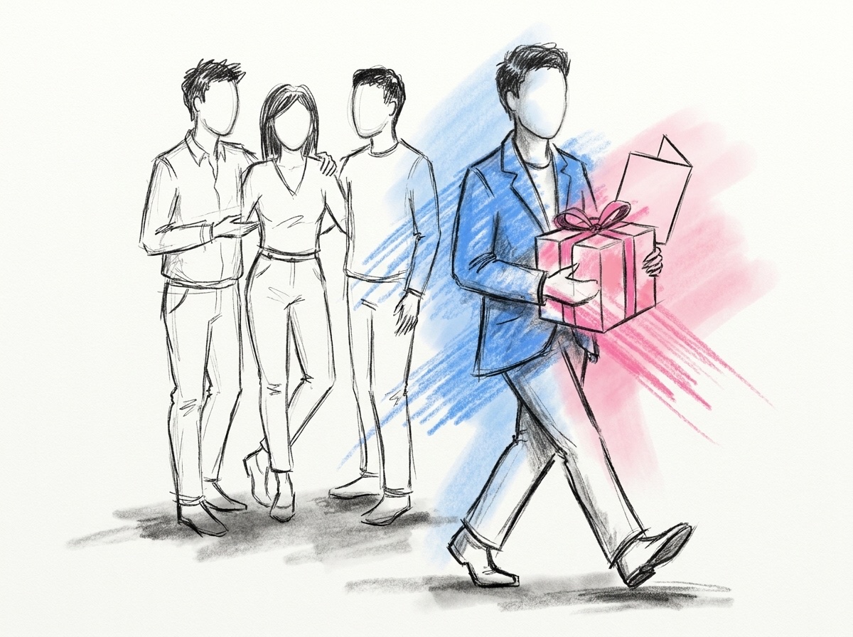 En liten grupp kollegor och grannar där en kliver fram med en inslagen present och ett kort till brudparet, i Lovios rosa och blå illustrationsstil